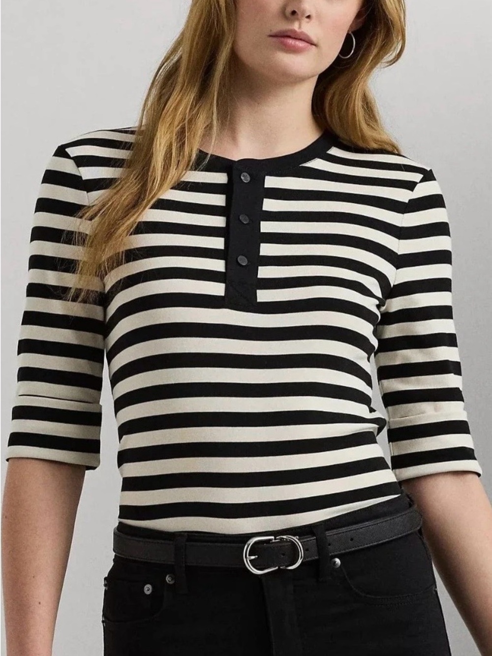 Lauren Ralph Lauren Striped Stretch
Cotton Henley Tee In Black/Mascarpone